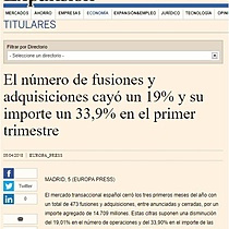 El nmero de fusiones y adquisiciones cay un 19% y su importe un 33,9% en el primer trimestrees